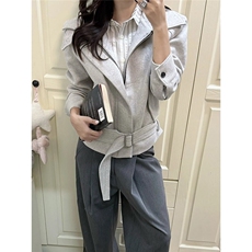 网图9926毛呢双层绑带外套浅灰色M到2XL，女装短外套，星座1210-1