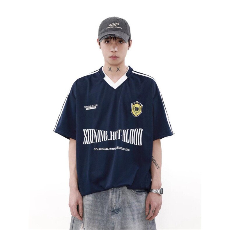 网络图现货美式复古潮流学院风拼接V领三道杠印花T恤JCT50-P38,男装T恤,星座715-7