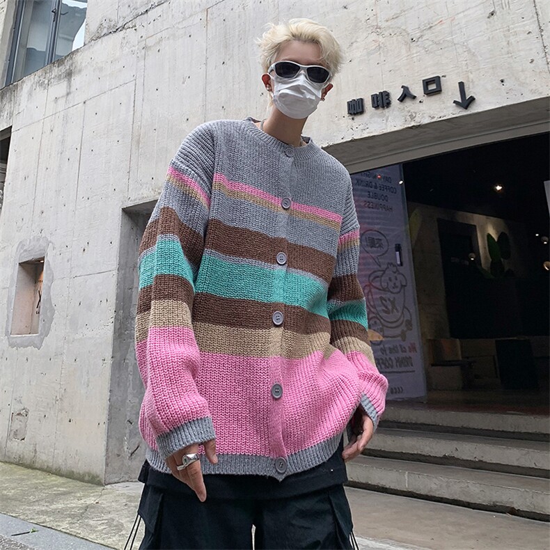 MY213-P45美式宽松型拼色开衫毛衣，男装针织衫/毛衣，星座1501-1