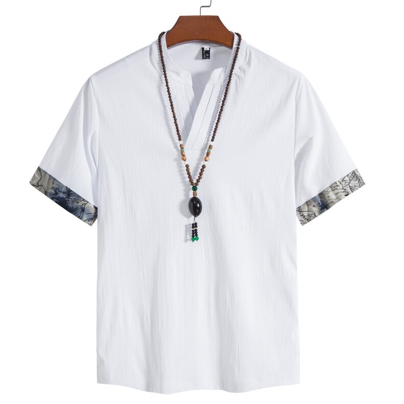 男士新款盘口复古立领衬衫短袖纯色衬衣M305，男装T恤，星座1502-1