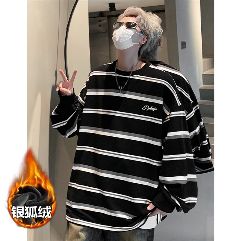 薄款改加绒特批P50无差价冬新条纹加绒加厚长袖T恤男士T1701J加绒,男装T恤,电商A001-1