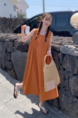 橘色无袖背心连衣裙女2024夏气质法式设计感小众压褶露背宽松长裙，女装连衣裙，浙宝276（原081）