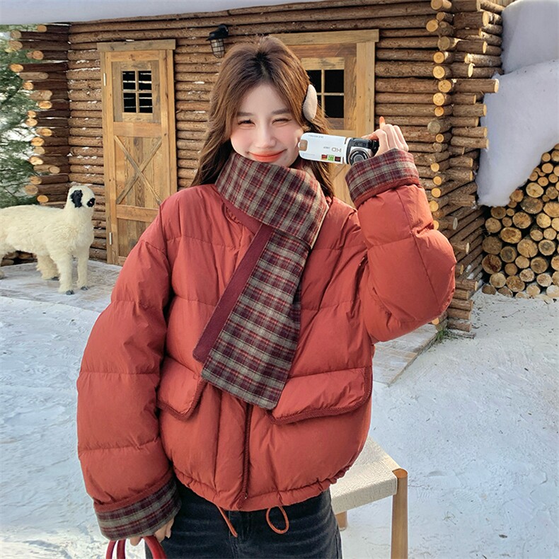 欧洲站短款羽绒服女格子围脖宽松显瘦90白鸭绒外套6113P315K438，女装羽绒服，维壹