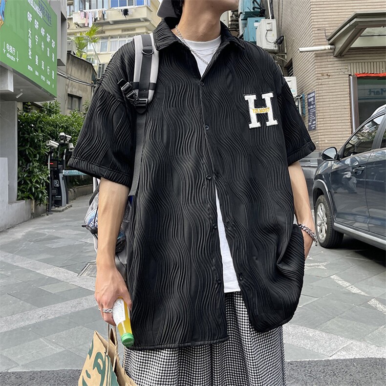 1港风情侣贴布绣衬衫大码M-5XL网红潮短袖衬衫DSC7767特P35控58，男装T恤，星座226-2