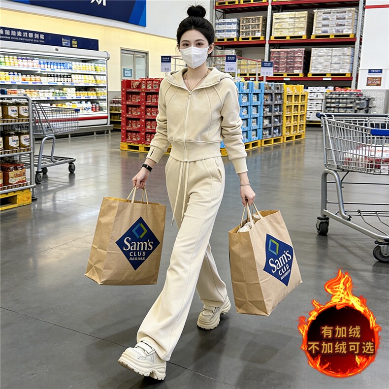 女秋款冬季网红时尚休闲运动套装短款连帽加绒外套阔腿长裤两件套,女装套装/套裙,江南