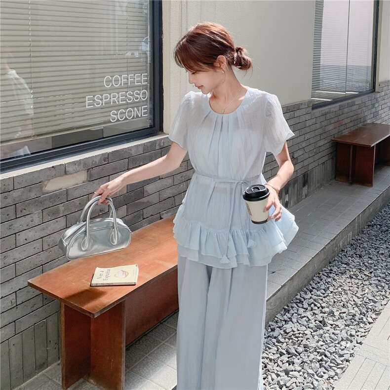 高级感蓝色上衣阔腿裤套装女2025夏季新款法式温柔显瘦漂亮两件套图片