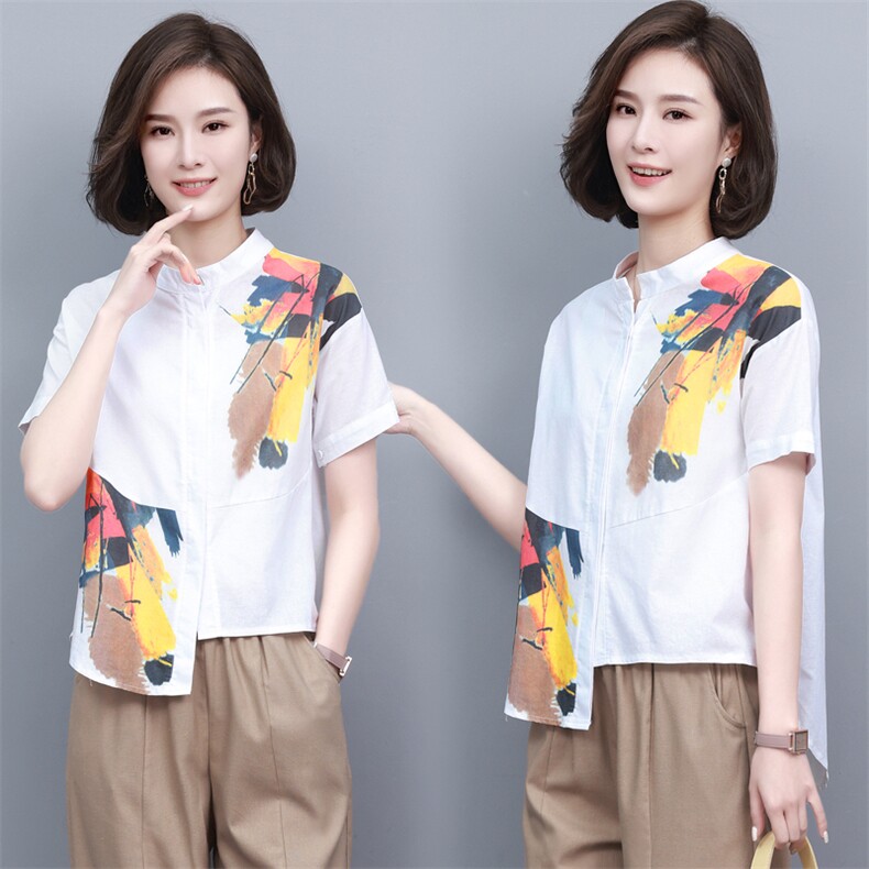 (新款)2024夏棉麻T恤水墨画复古中老年妈妈装衬衫女三年不下架，女装T恤，璐依舞