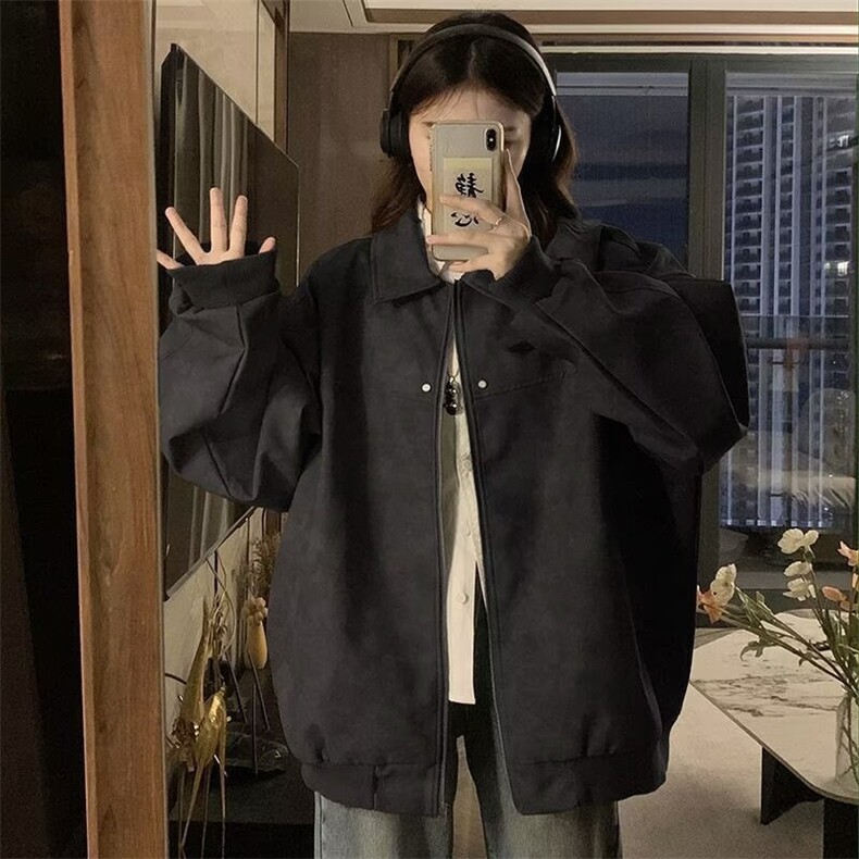 472-P54春秋美式复古高街翻领PU机车皮衣男女生宽松INS休闲,男装皮衣,电商B323A