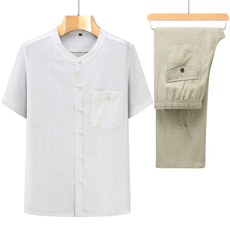 亚麻短袖唐装套装男中年时尚风复古盘扣衬衫801912-P120，男装T恤，星座1105-3