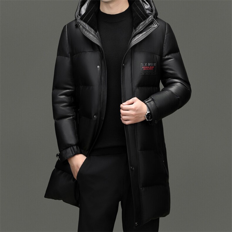 BG2452冬季海宁男士真皮绵羊皮面包服加厚羽绒风衣连帽休闲皮衣图片