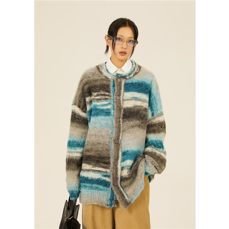 美式复古彩虹渐变开衫毛衣外套女秋冬潮牌宽松小众情侣针织衫上衣，男装针织衫/毛衣，星座1210-1