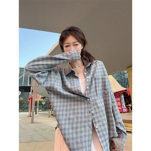 TC652-45 韩系复古慵懒感磨毛外套蓝格子衬衫女2026春休闲衬衣,女装衬衫,星座617A-2