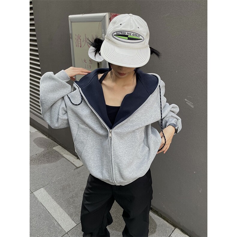 抖音得物二开美式高街重磅结构双层撞色连帽卫衣开衫外套W116,男装卫衣,电商A486