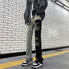 街头拼接牛仔裤男女春秋新款潮美式复古直筒微喇长裤N0731-P52，男装牛仔裤，星座308B-1