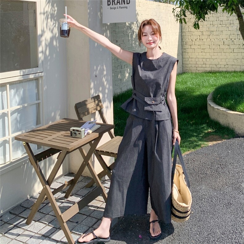 老钱风深灰色无袖背心阔腿裤套装女夏大方得体穿搭减龄超火两件套,女装套装/套裙,2C170