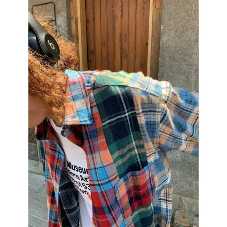 美式复古撞色长袖格子衬衫男潮牌百搭情侣款休闲印花格纹衬衣外套,男装衬衫,星座506A
