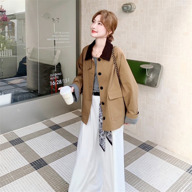 卡其色短款风衣女2025秋季新款拼接设计感翻领巴恩风工装休闲外套,女装风衣,2C198