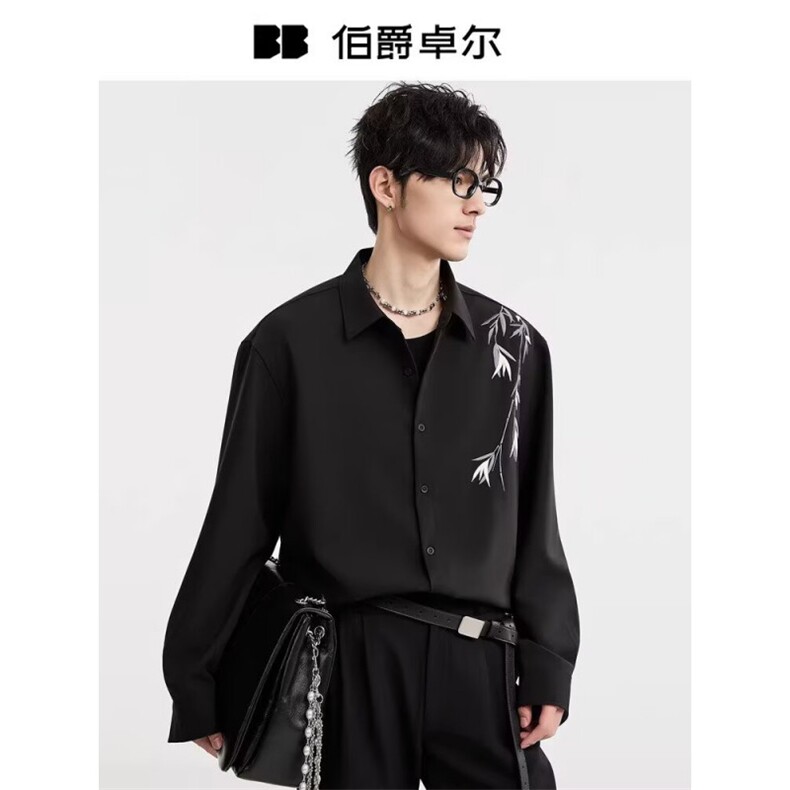 [006]男士长袖衬衫竹叶刺绣垂感痞帅休闲衬衣A079-C912-P38,男装衬衫,电商A079