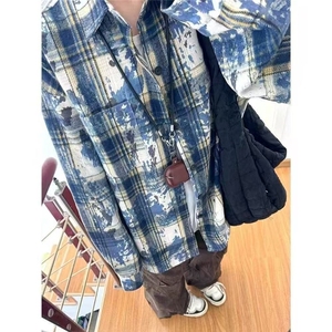 泼墨扎染格子衬衫重磅设计衬衣上衣美式复古情侣休闲外套 CYC62图片