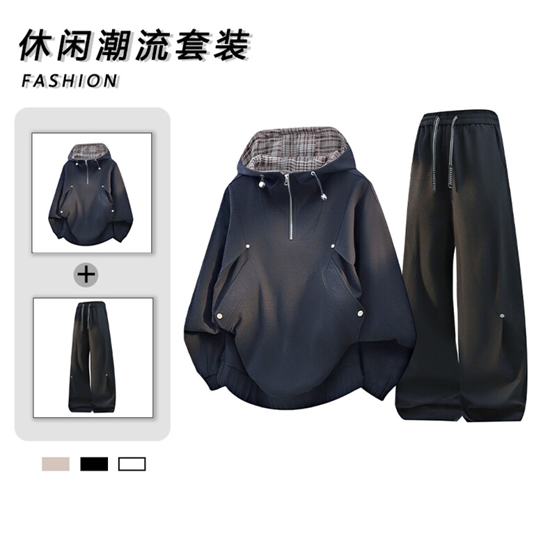 重磅拼接半高领连帽卫衣外套秋宽松休闲运动套装905+906-P110,男装休闲套装,星座717