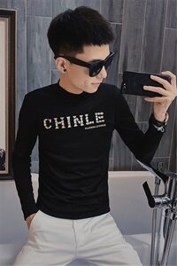3秋季长袖修身T恤刺绣社会精神小伙男半高领打底衫C301B-CT14图片