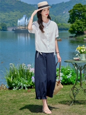 2026夏季新款薄款上衣女花边领气质休闲百搭衬衫套装女藏青直筒裤，女装套装/套裙，梦懿尔