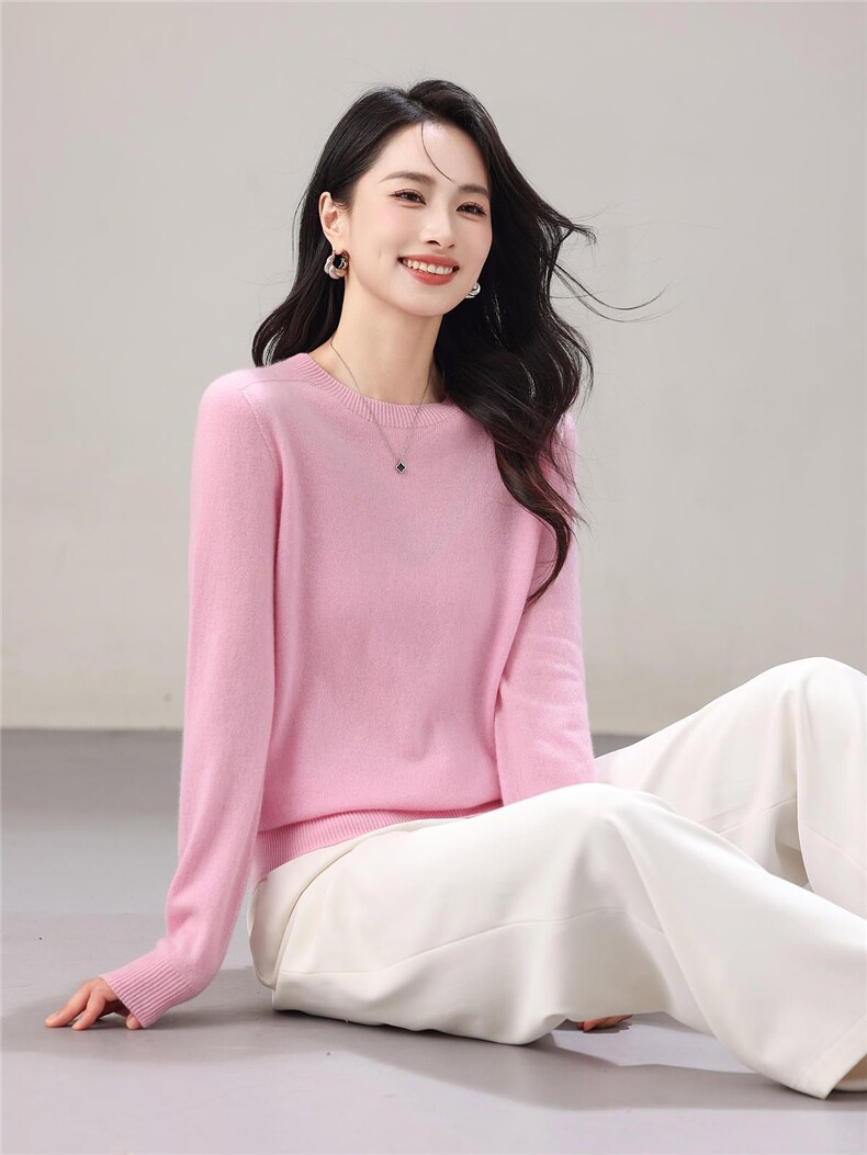 2025秋冬百搭时尚简约圆领长袖针织衫,女装羊绒衫,梦织秋羊绒