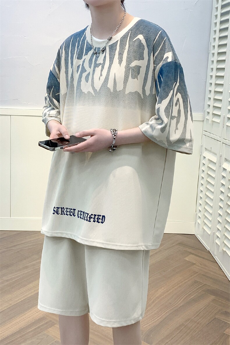 夏上新青少年潮圆领半袖套装创意印花短裤T恤男女6643-P60控价88,男装T恤,电商A441-1