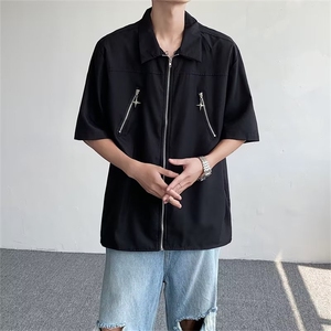 高级感开衫拉链短袖衬衫男2024夏季新款宽松休闲高街潮牌半袖上衣图片