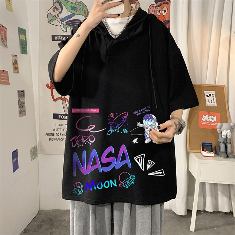 LD54186-P45NASA联名同款连帽短袖t恤男大码胖子带帽五分袖海报风,男装T恤,电商A040