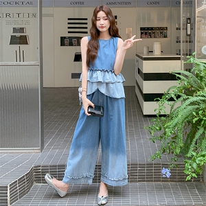 时尚减龄宽松休闲两件套女夏季2025新款设计感渐变马甲半身裙套装图片