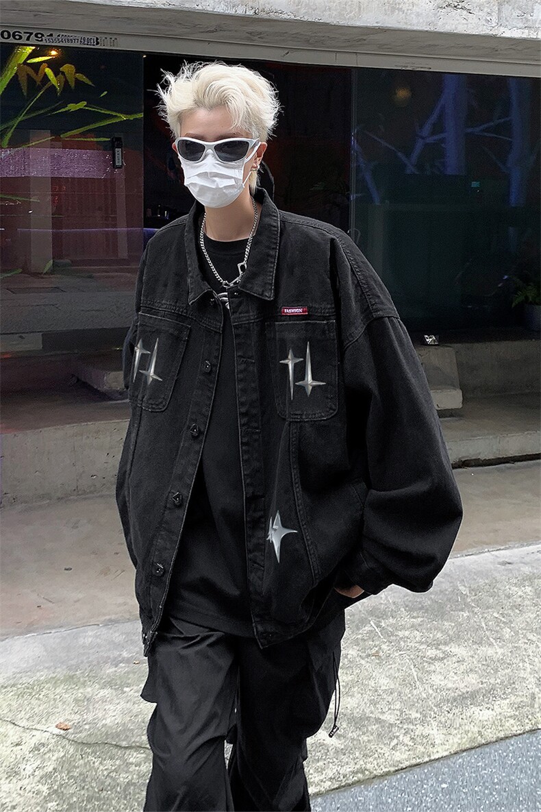 男装牛仔外套2026秋季几何绣标印花男生翻领夹克XZ514-2-N96-P88,男装工装外套,星座514-2(原B239)