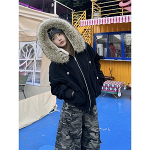 现货重磅boxy短款棉衣座山雕大毛毛领男女棉服水洗工装厚外套