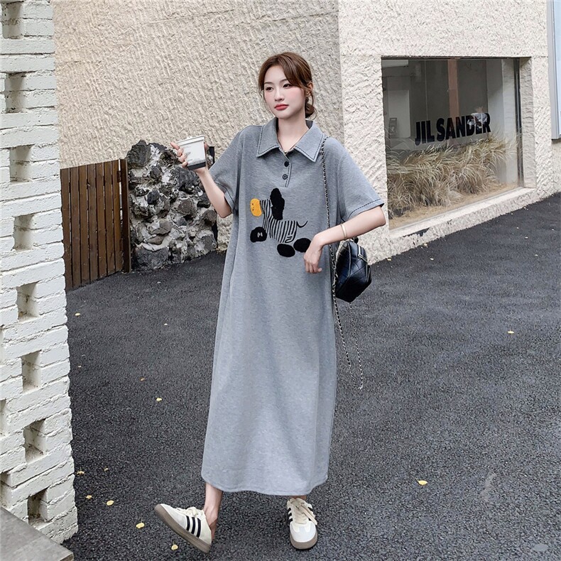 气质卡通小斑马设计polo连衣裙夏季2025复古减龄淡人宽松显瘦长裙,女装连衣裙,2D041