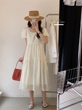 法式泡泡袖连衣裙夏季设计感众温柔高级感初恋裙子，女装连衣裙，香丽迪1