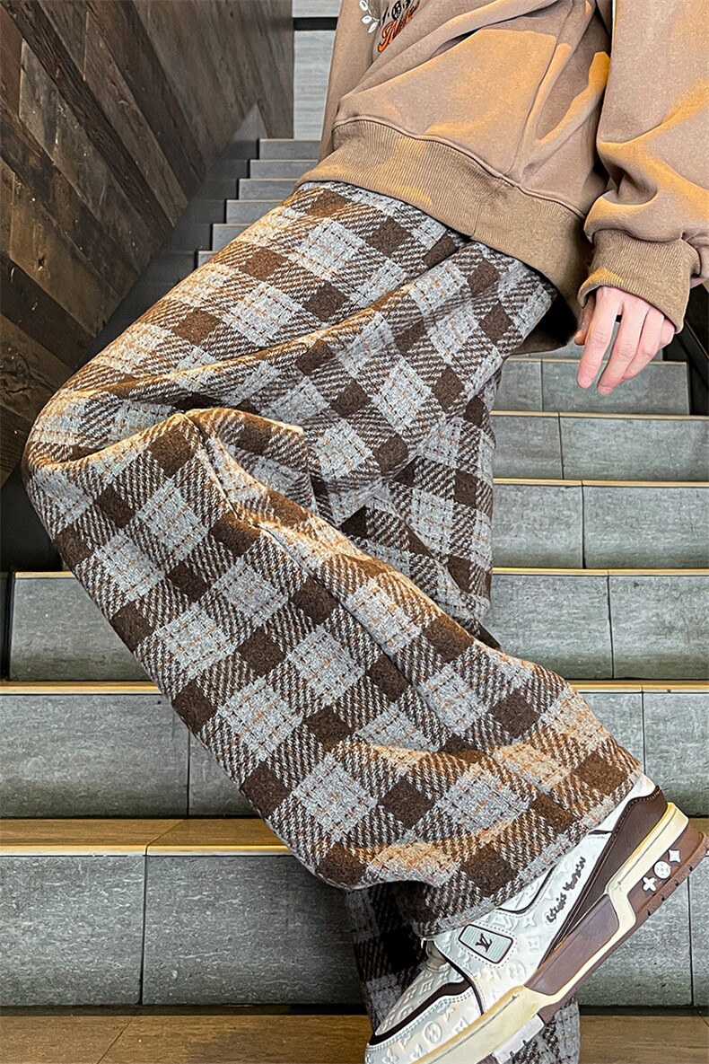 8XL-M特大码加厚毛呢料格子休闲裤宽松直筒长裤子男裤毛呢裤K946,男装休闲裤,电商D206-1