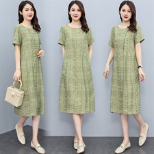 现货2024夏季新款简约气质圆领宽松舒适休闲连衣裙，女装连衣裙，妃曼