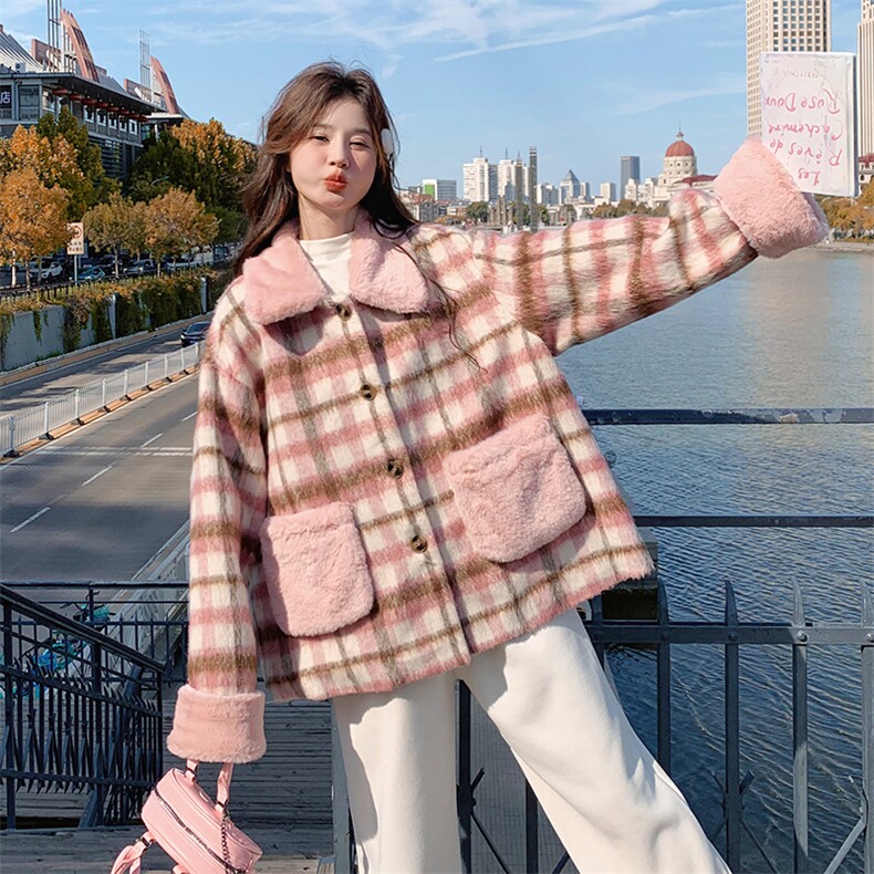 【新款】已出货格纹夹棉毛呢外套拼兔毛C37-P185K278,女装毛呢外套,2C272