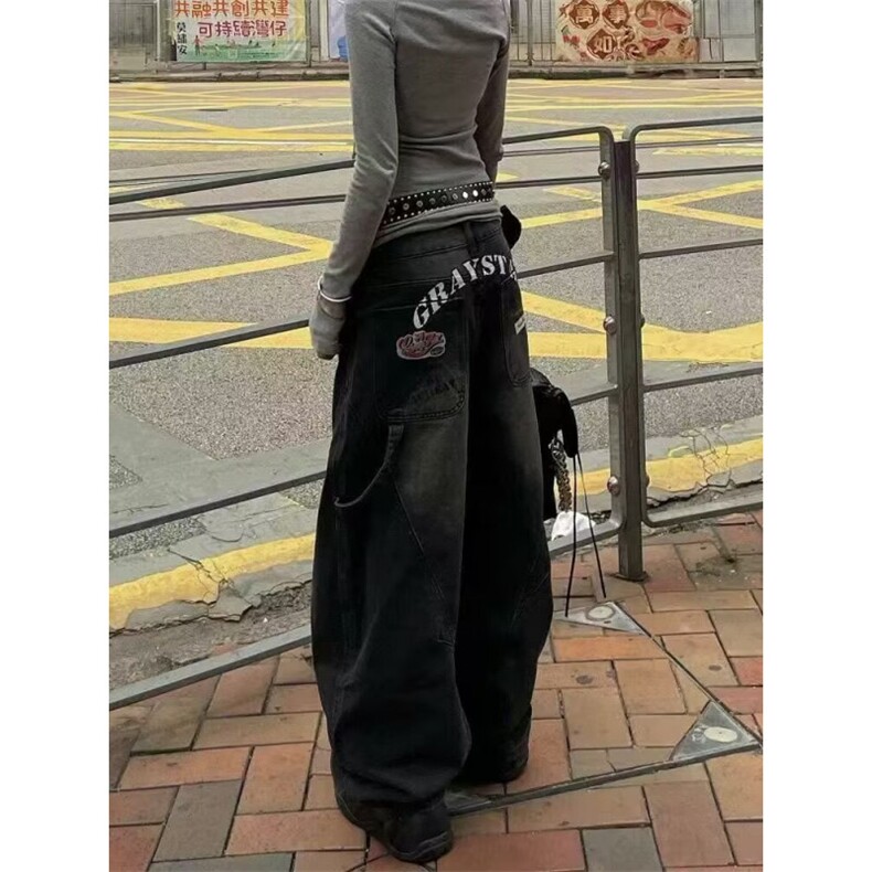冬美式复古后背爱心印花宽松阔牛仔裤长裤男女L2045P53,男装牛仔裤,星座1112-1