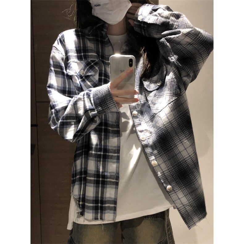 【有货】拼接格子衬衫设计感高级感美式复古长袖衬衣S39LL-特P36,男装衬衫,星座1007（原301D）