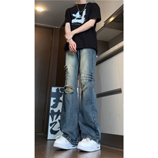 夏季新款美式高街vibe破洞磨毛微喇牛仔裤B315-K24191-p60控78，男装牛仔裤，电商B315