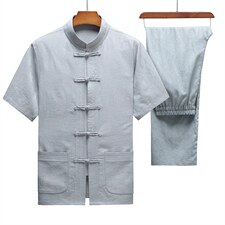 DW22037夏男式薄款短袖风纽扣休闲套装中老年爸爸装唐装P130，男装民族服装，电商B360