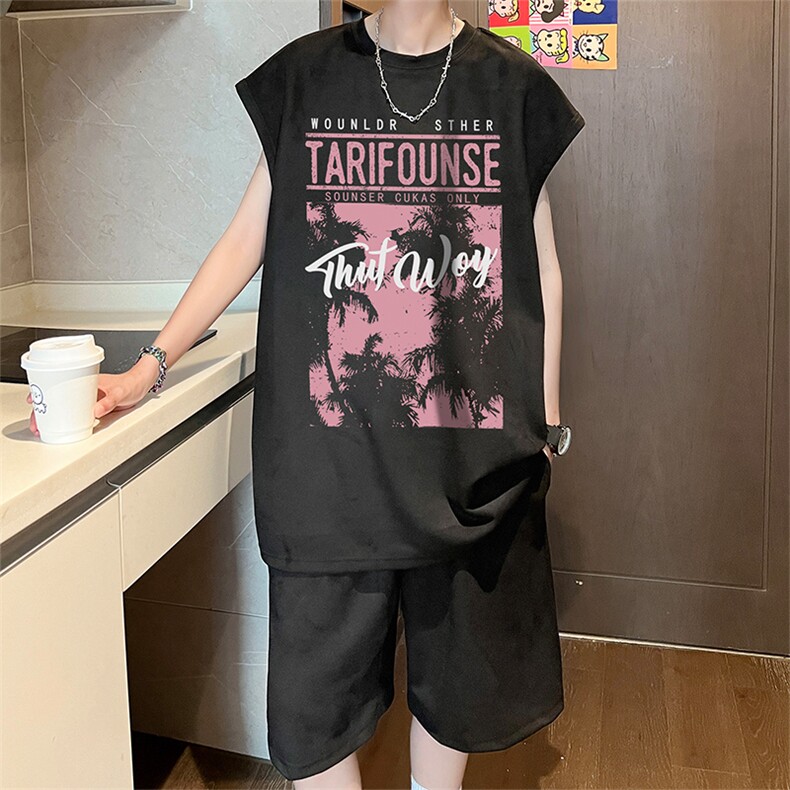 直播美式麂皮绒宽松背心无袖t恤短裤大码两件套套装TZ28-P58,男装T恤,电商A486
