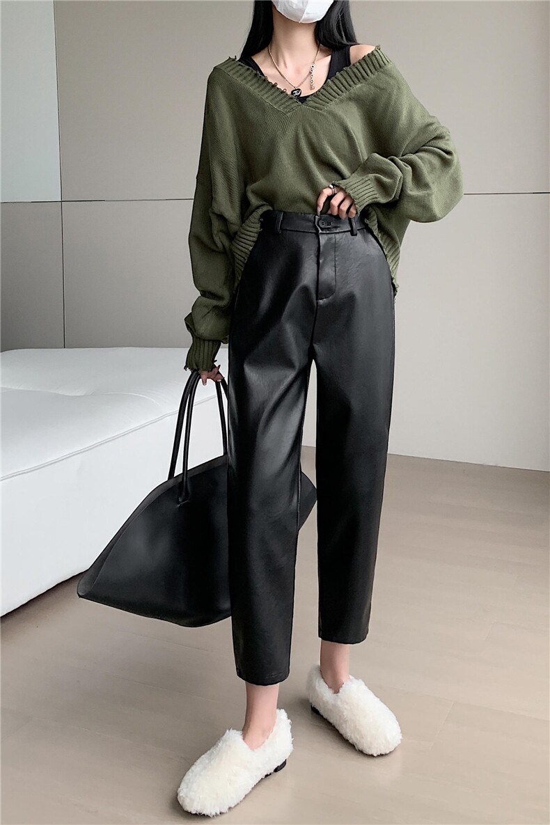 黑色PU皮裤女2023秋冬新款高腰九分气质靴裤休闲小个子裤显瘦百搭,女装休闲裤,梦白服饰厂