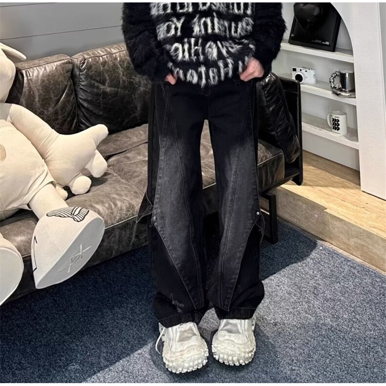 新款美式高街做旧水洗牛仔裤百搭休闲拼接设计感裤子LN8155-P55图片