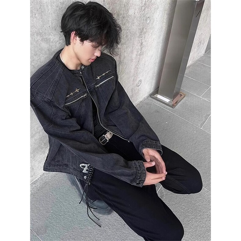 N10-P67美式复古做旧水洗牛仔外套男小众高级感金属立领，男装工装外套，电商B323A