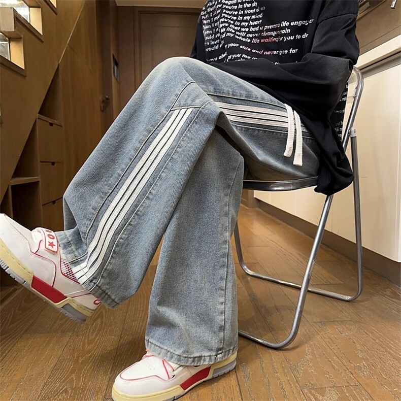 条纹拼接牛仔裤男夏季新款直筒宽松阔腿潮牌裤DA773-P42，男装牛仔裤，星座208-5