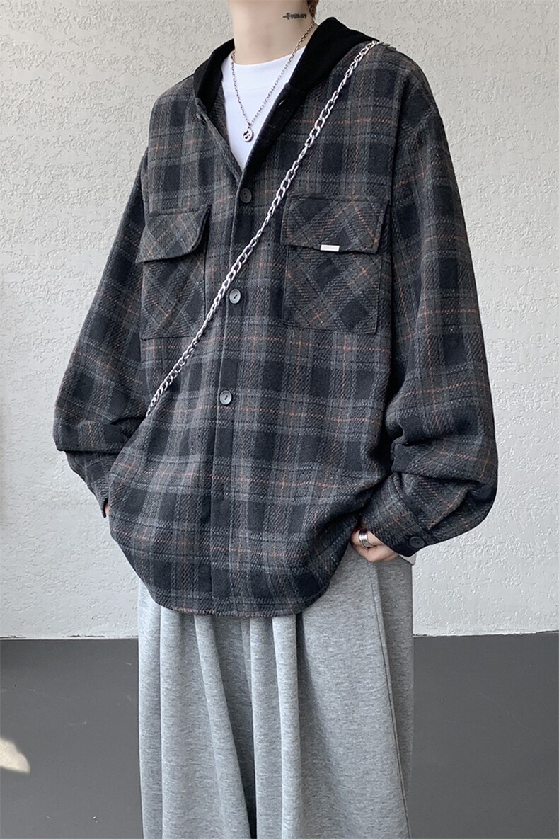 美式复古连帽格子衬衫大码磨毛长袖衬衣慵懒风宽松外套CS9007/P55,男装衬衫,电商B238