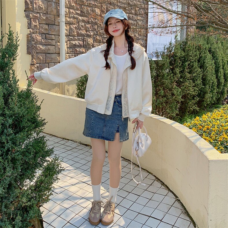 港风短款开衫防风连帽春季防晒衣短外套学生女常规款春秋休闲百搭,女装短外套,蝶眷