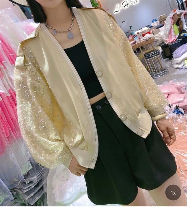 AX9602欧货春季新款女装宽松V领显瘦拼亮片薄款时尚短外套,女装短外套,L·H·X
